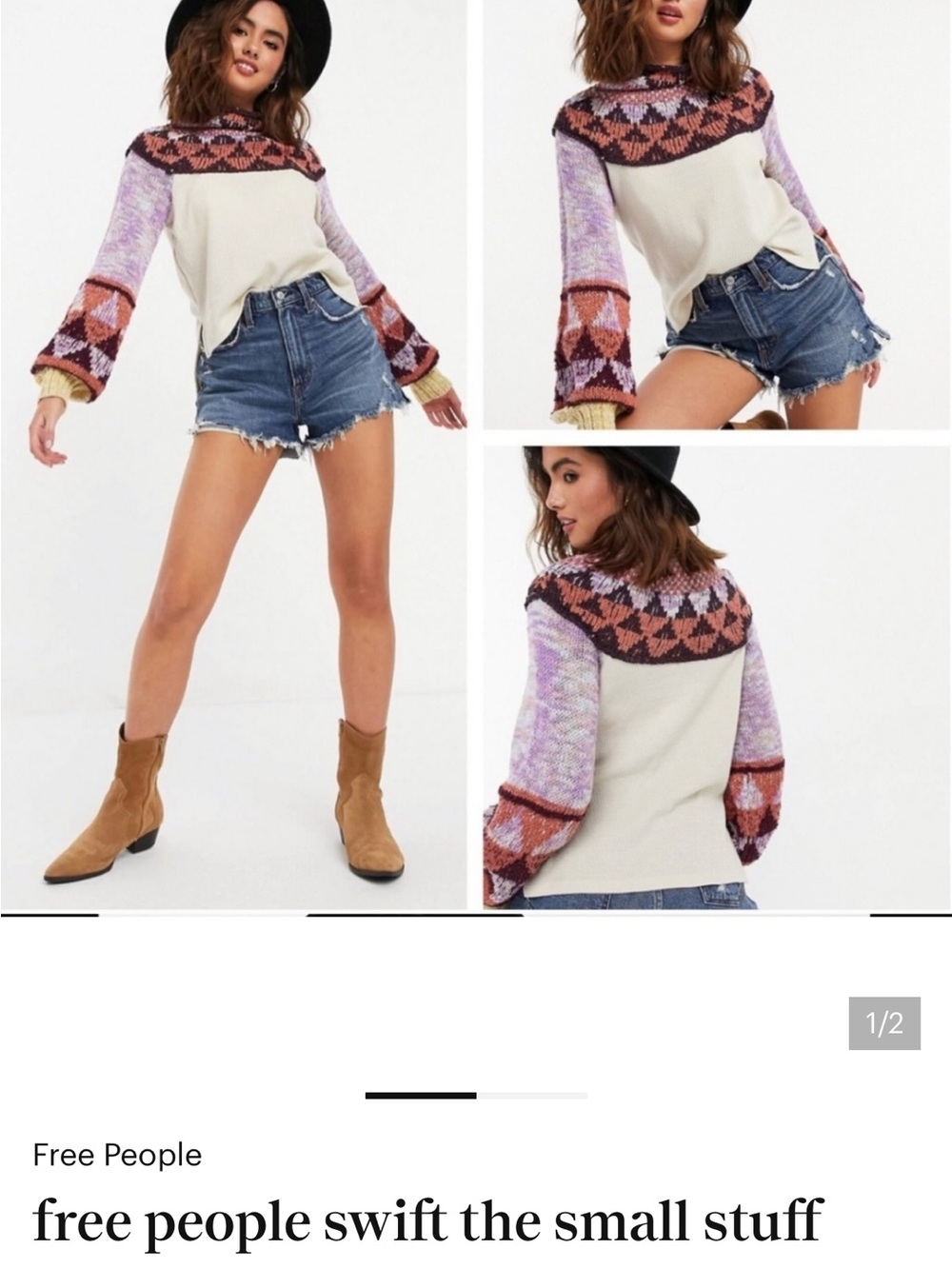 new Free People Cream Sweater with Lilac and Rust Patterned Yoke